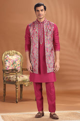 Rani Pink Silk Mirror Embroidered Kurta Pajama with Paisley Print Jacket